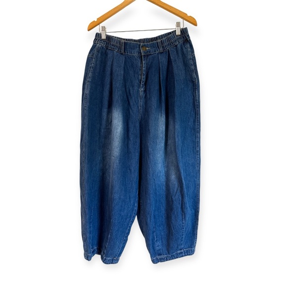Denim - 100% Cotton Baggy Wide Barrel Leg Pleat Front Elastic Stretchy Pants Size XL